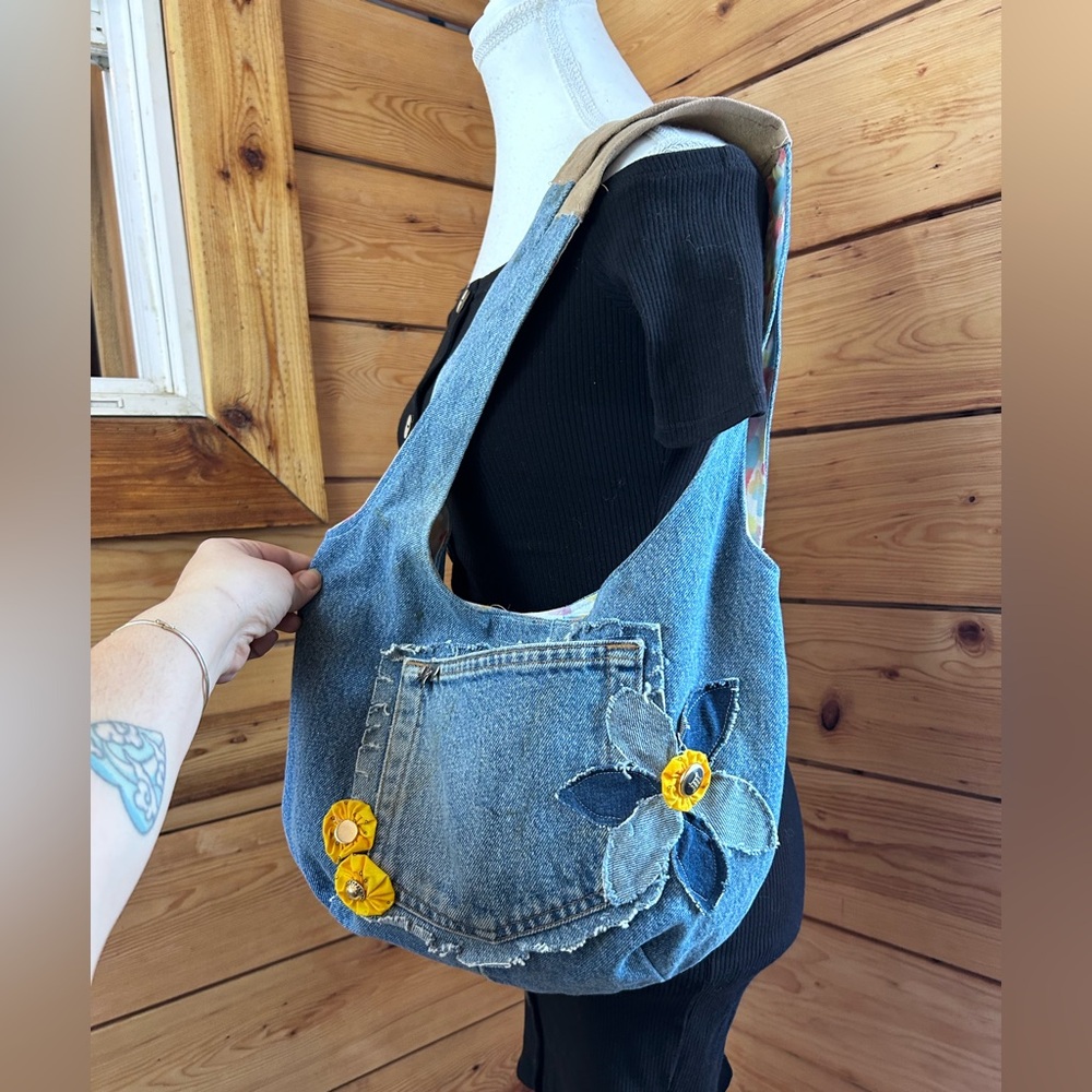 Vintage Upcycled Denim Hobo Bag Flower Patchwork Heart Lining Medium